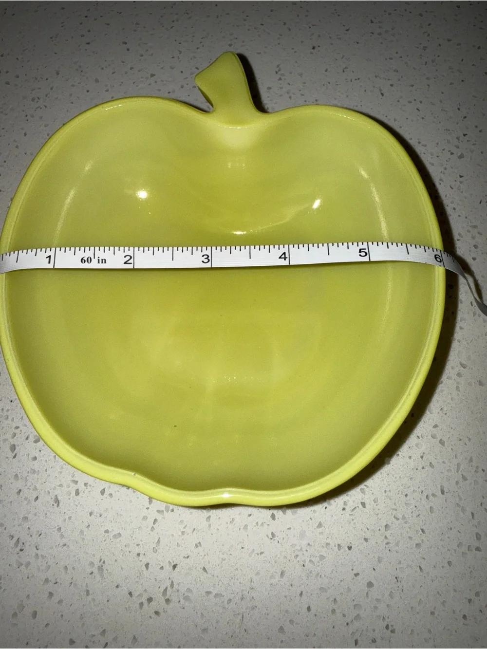 2 Vtg Hazel Atlas Orchard Ware apple shaped bowls in bright yellow Platonite